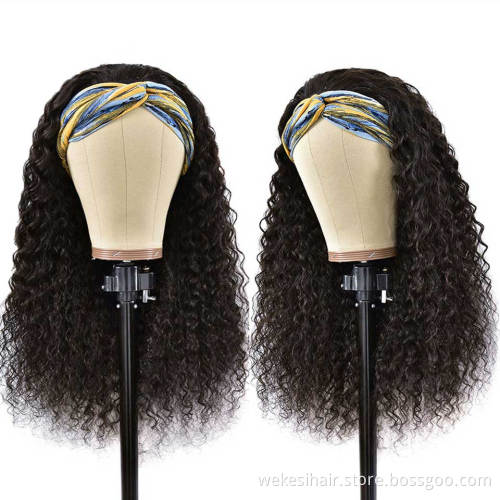 Full Cuticle Curly Headband Wigs Human Hair GlueLess None Lace 10A Virgin Peruvian Head Band Human Hair Wigs